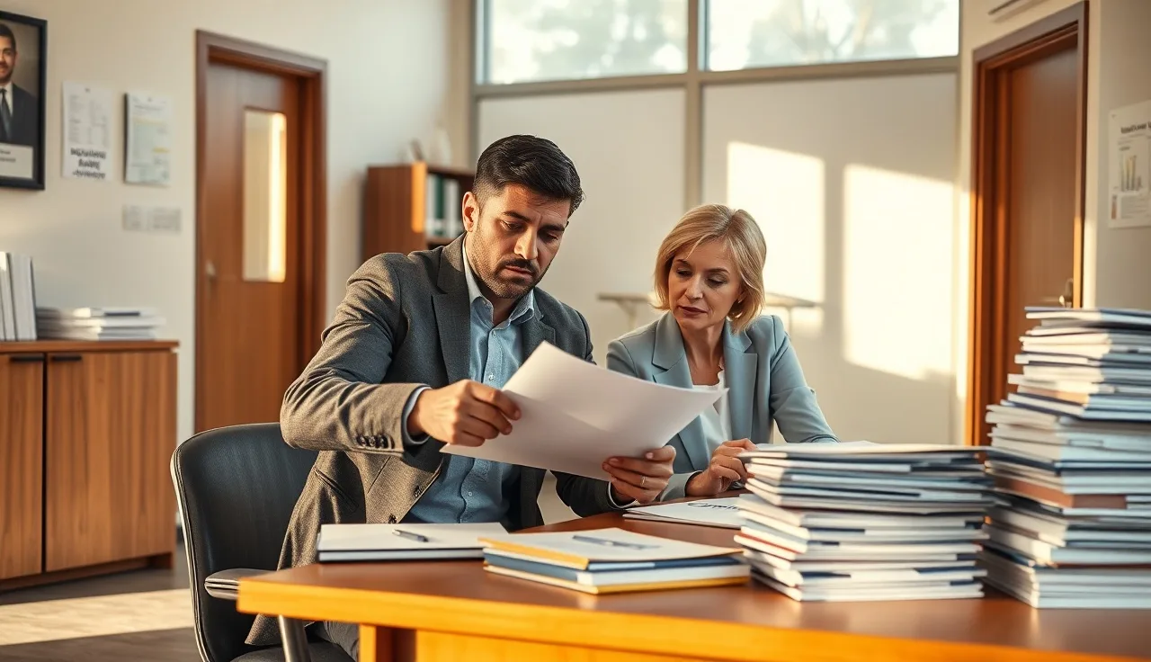 Landlord and housing caseworker reviewing rent documents at a desk