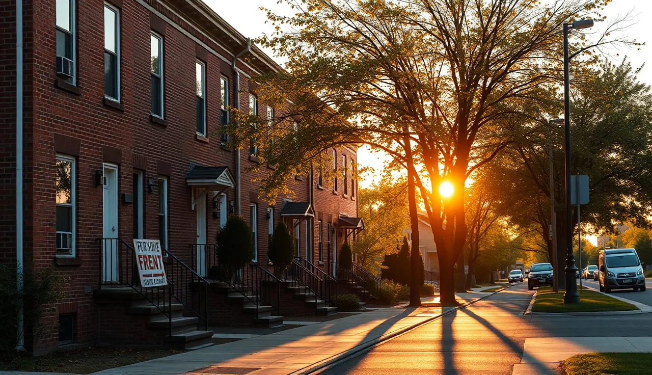 Brick rowhouses on a residential street with a for-rent sign in a window