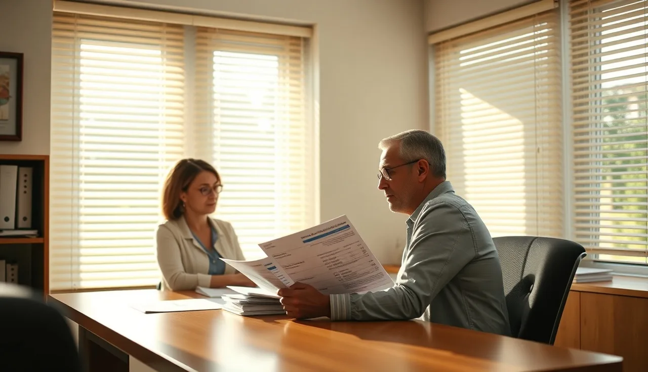 Caseworker and tenant reviewing HAP payment paperwork at a government housing office desk