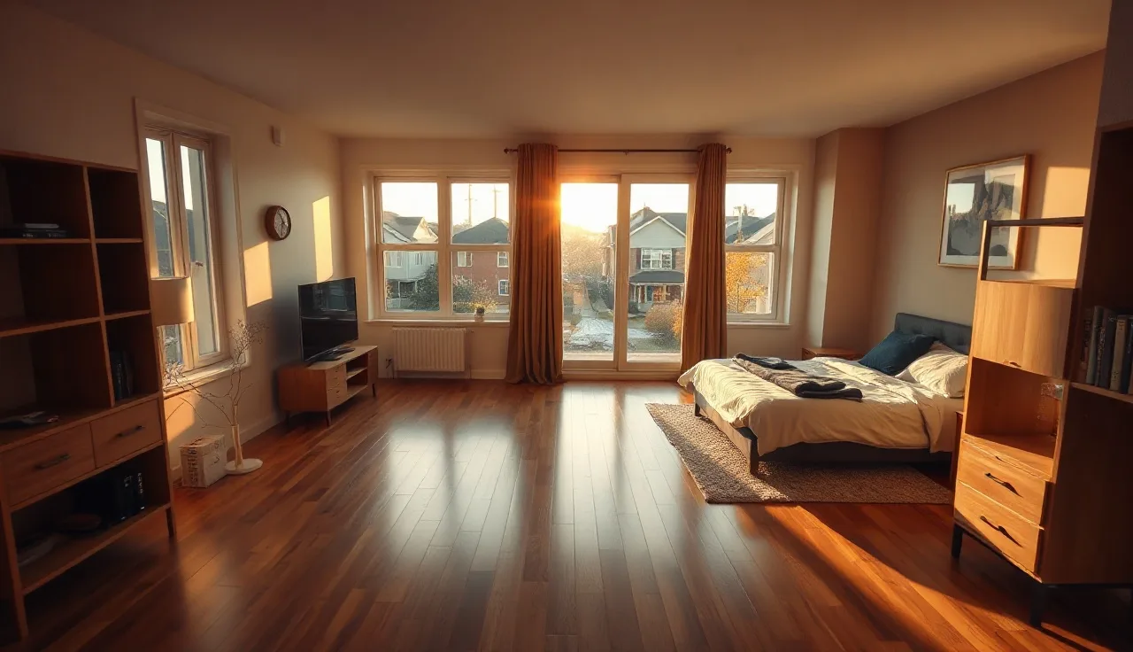 Empty modest apartment interior at golden hour showing fair market rent housing