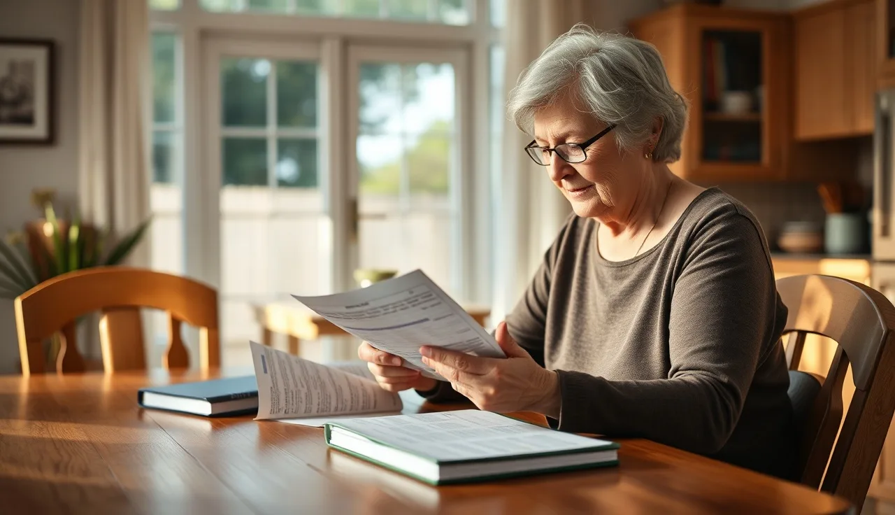 Senior woman reviewing bank statements at kitchen table, calculating housing voucher asset income