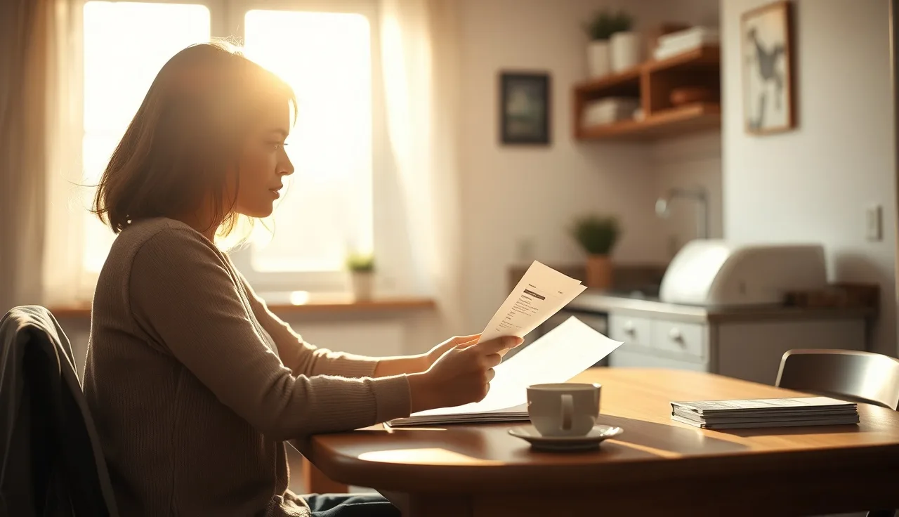 Woman reviewing housing documents at kitchen table, calculating Section 8 rent share