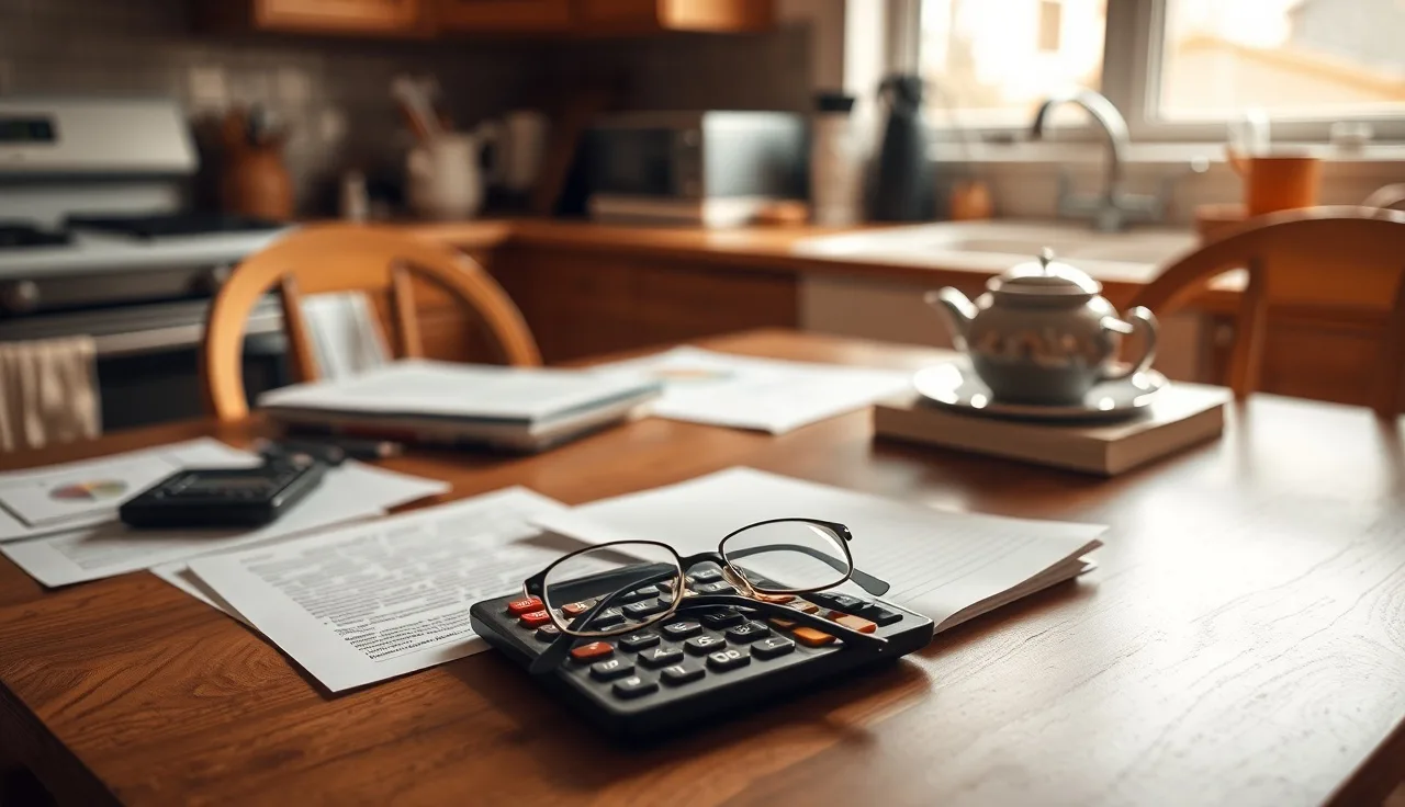 Household income papers and calculator on a kitchen table, daylight