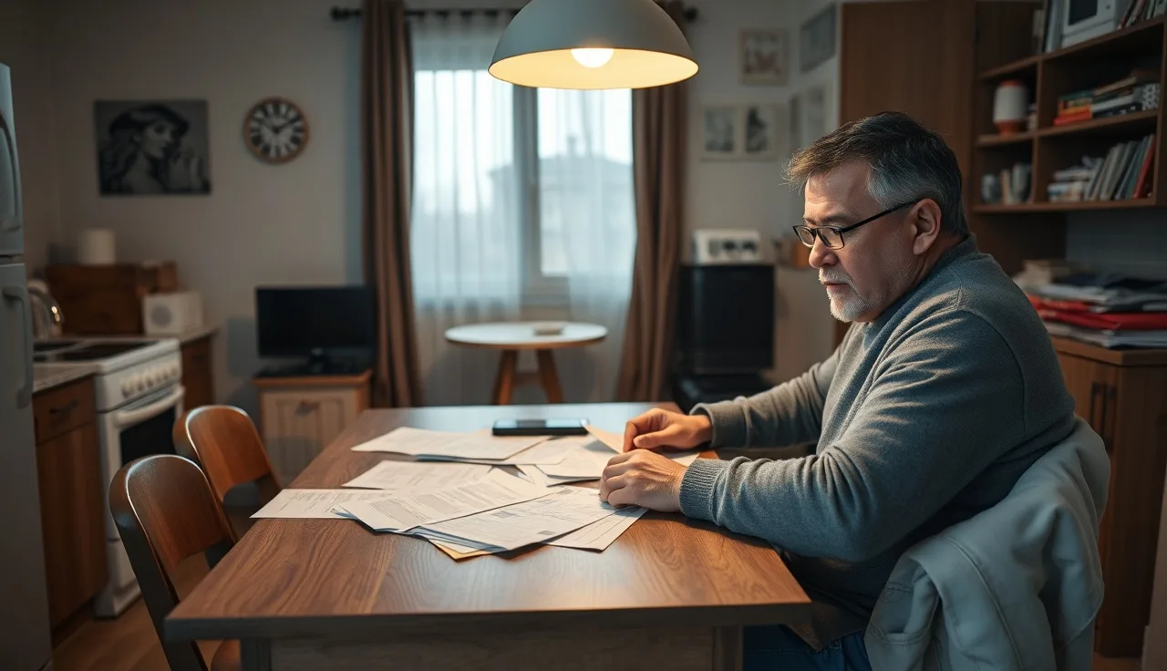 Tenant reviewing monthly utility bills at kitchen table under warm lamp light