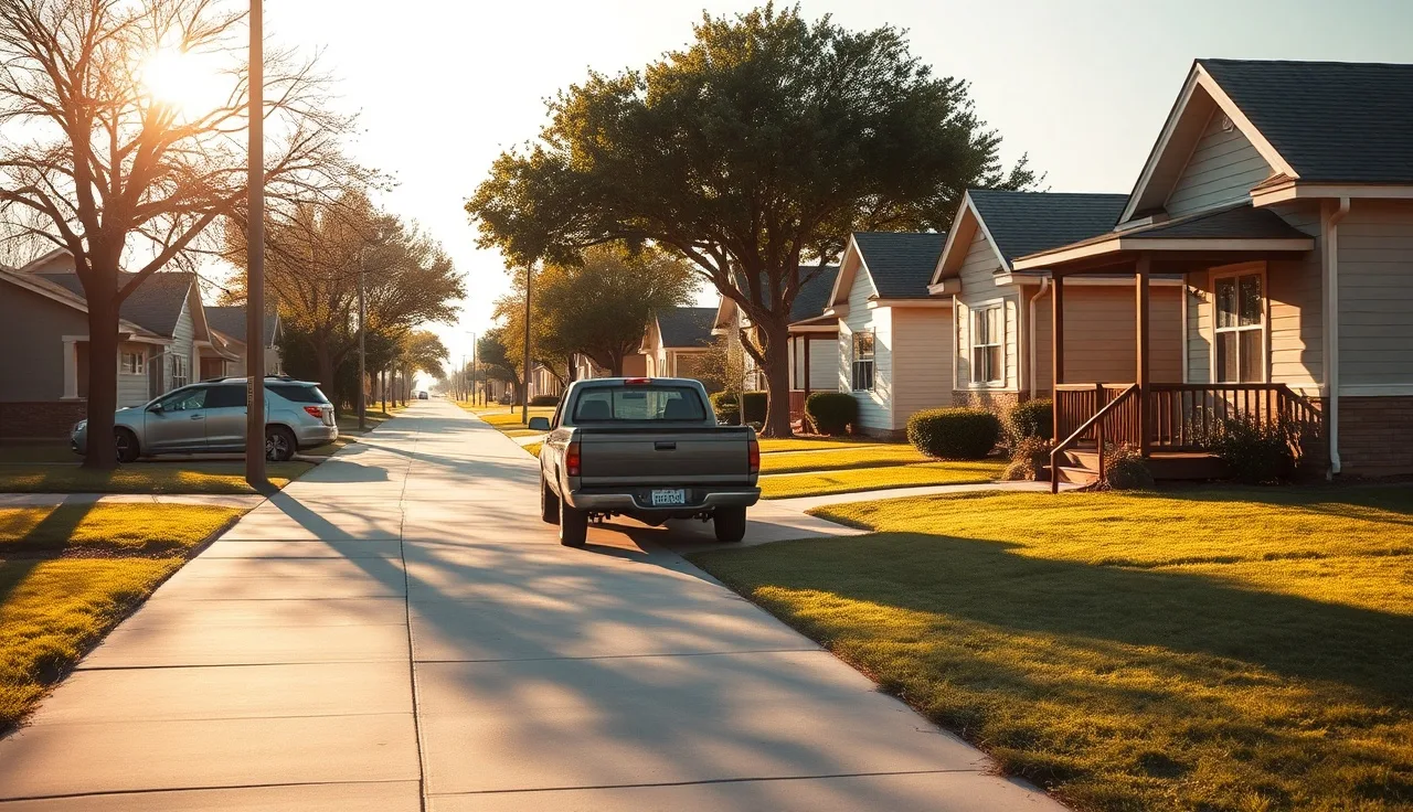 Residential street in Abilene Texas with modest homes on a sunny morning