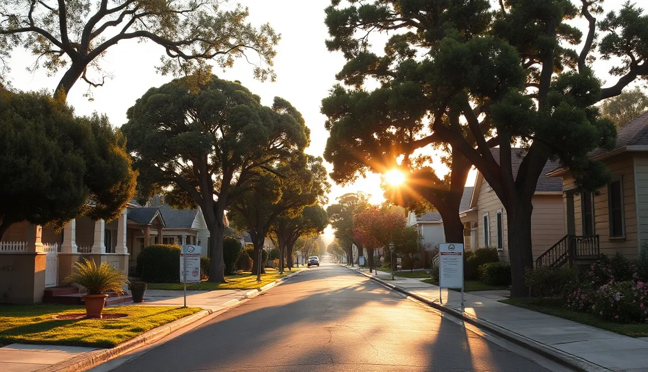 Tree-lined residential street in Alameda California at golden hour with bungalow homes