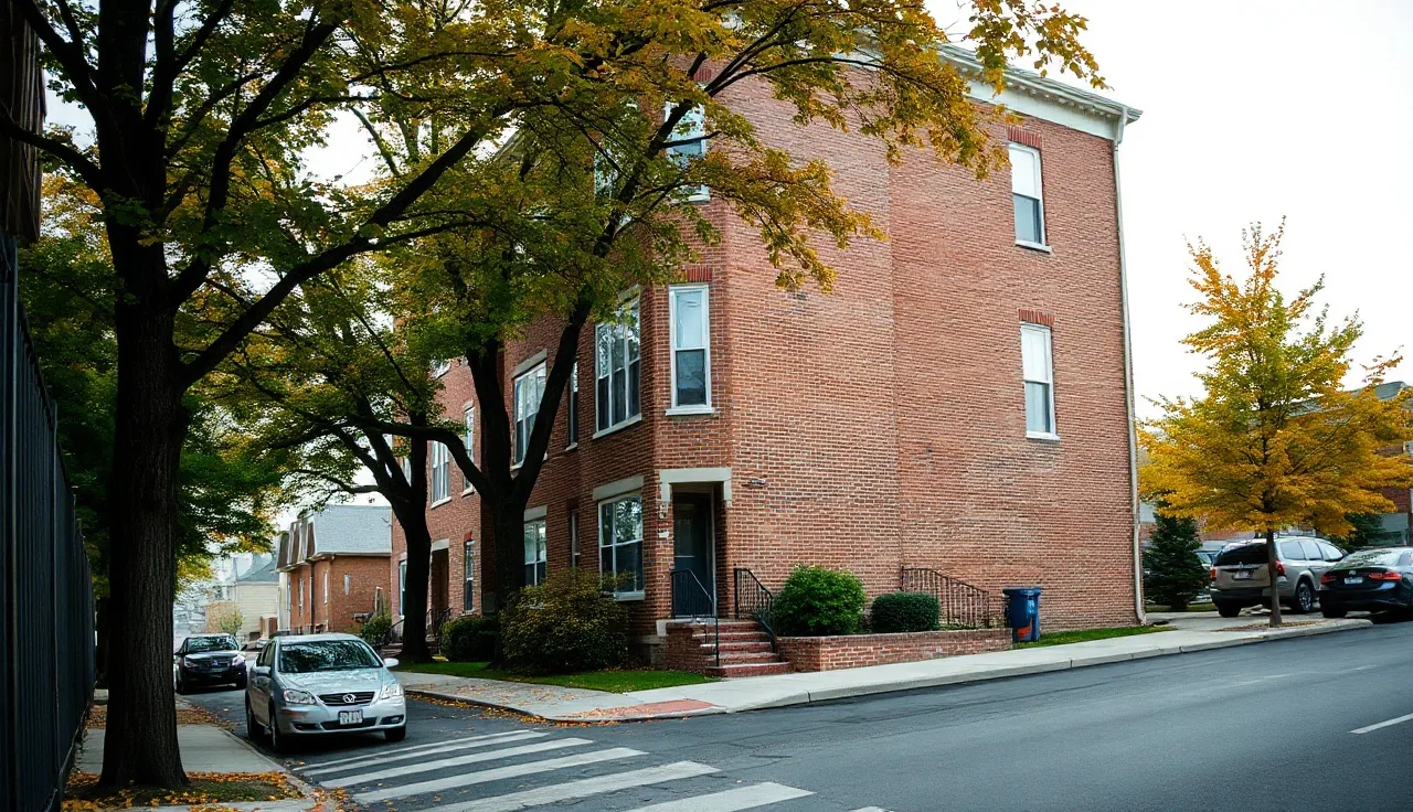 Brick apartment building on a quiet Albany New York residential street in autumn