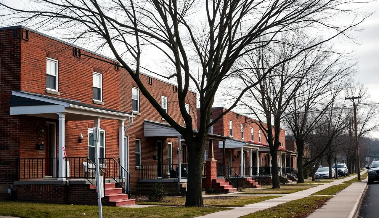 Brick row houses on a Pittsburgh neighborhood street in morning light
