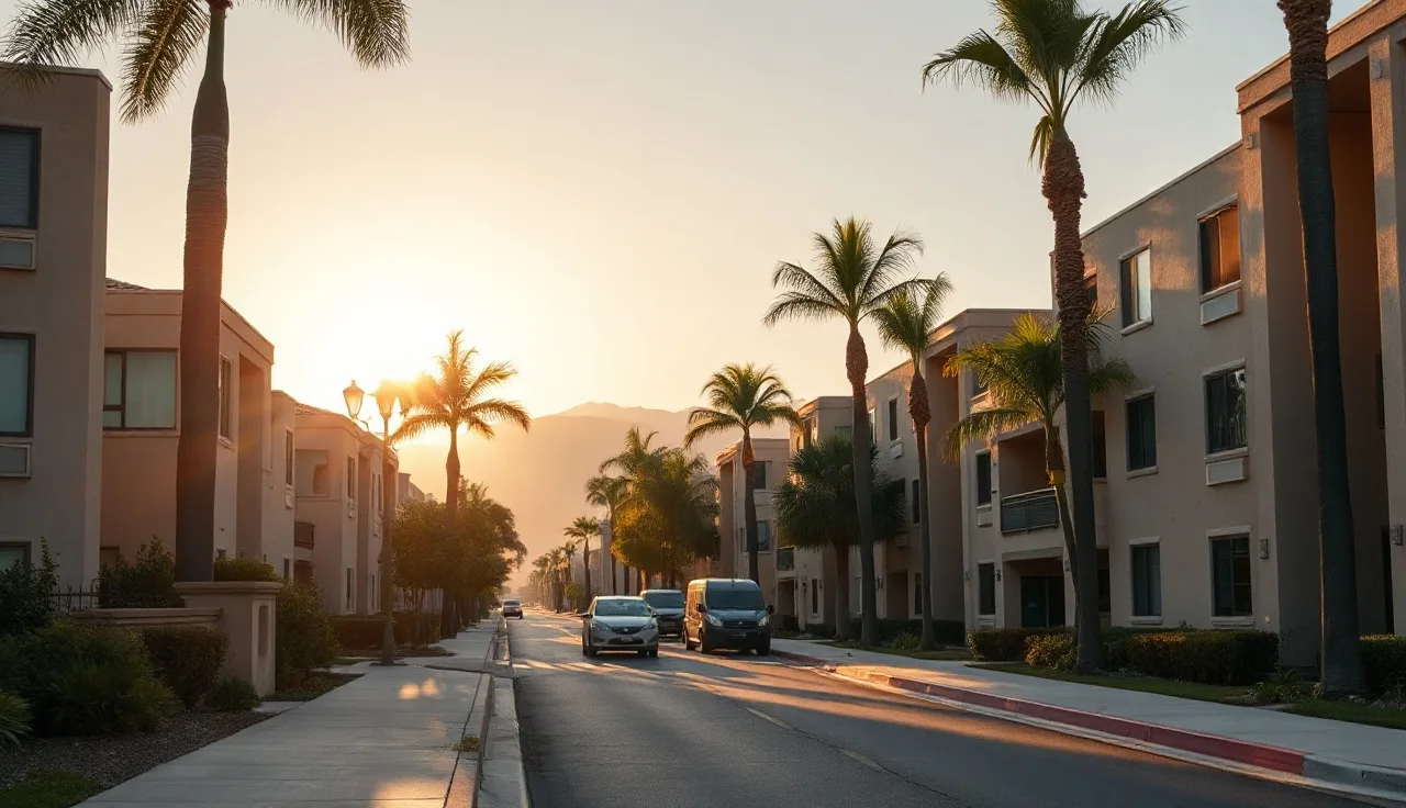Tree-lined Anaheim residential street with apartment buildings in afternoon sun