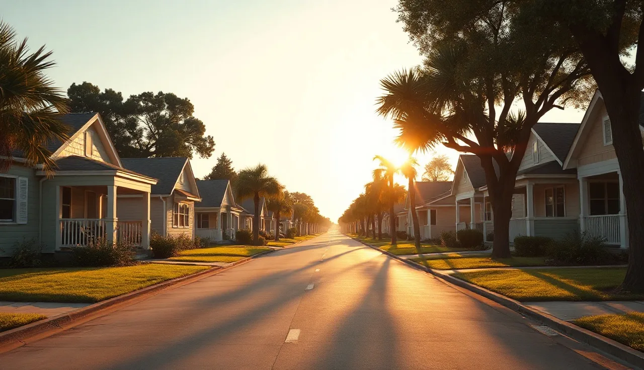 Suburban rental homes on a quiet street near La Porte Texas at sunset
