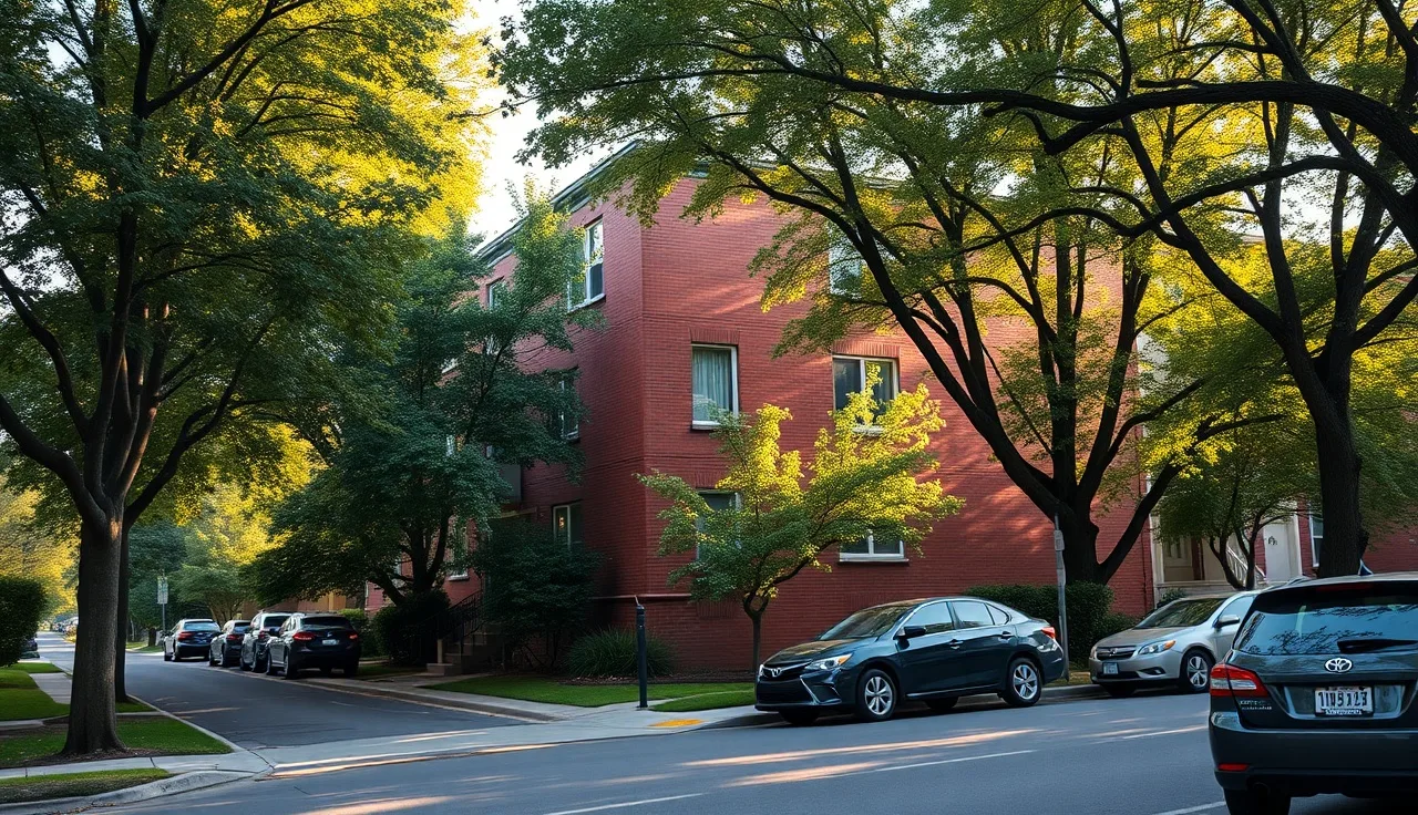 Brick apartment building on a tree-lined Arlington suburban street in morning light