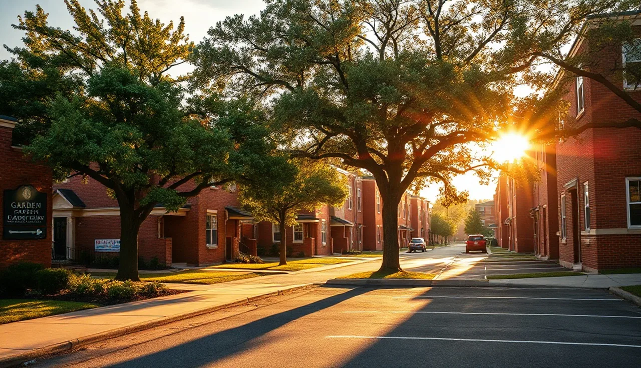 Red-brick apartment buildings in Arlington Virginia neighborhood on a sunny afternoon