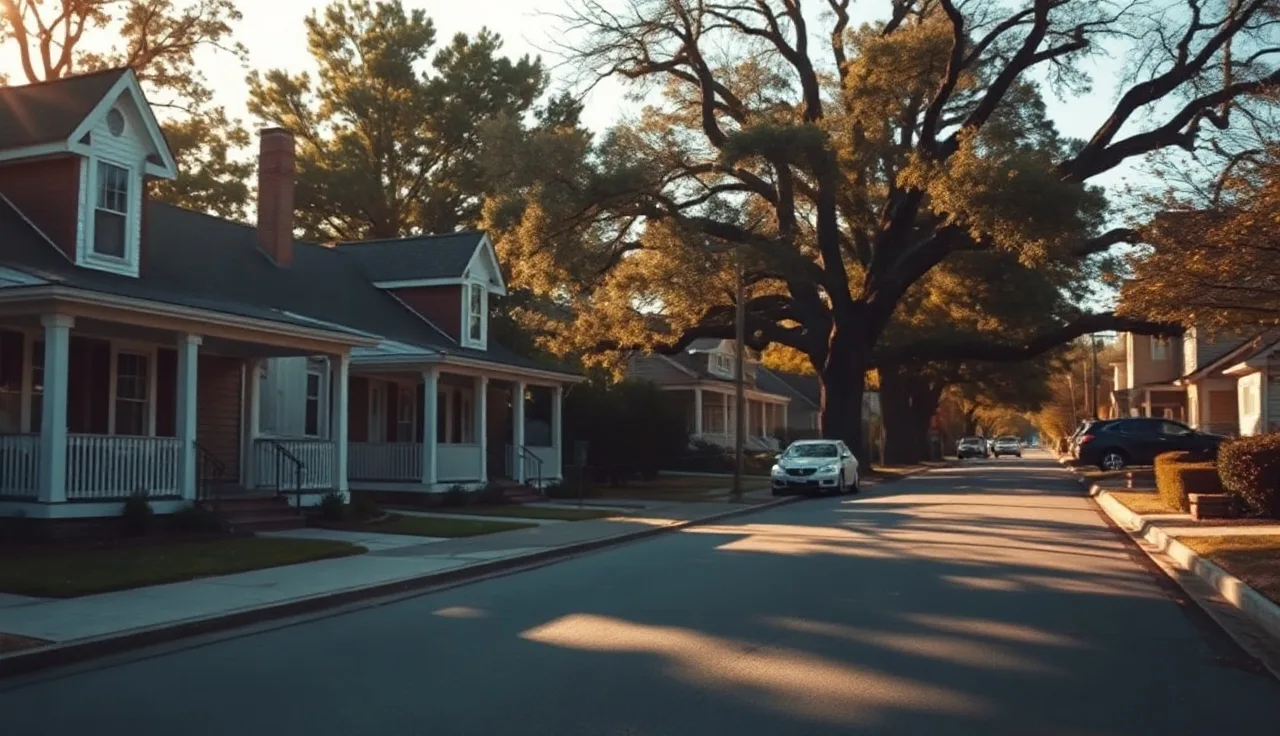 Residential street in Asheville NC with craftsman bungalows in afternoon light