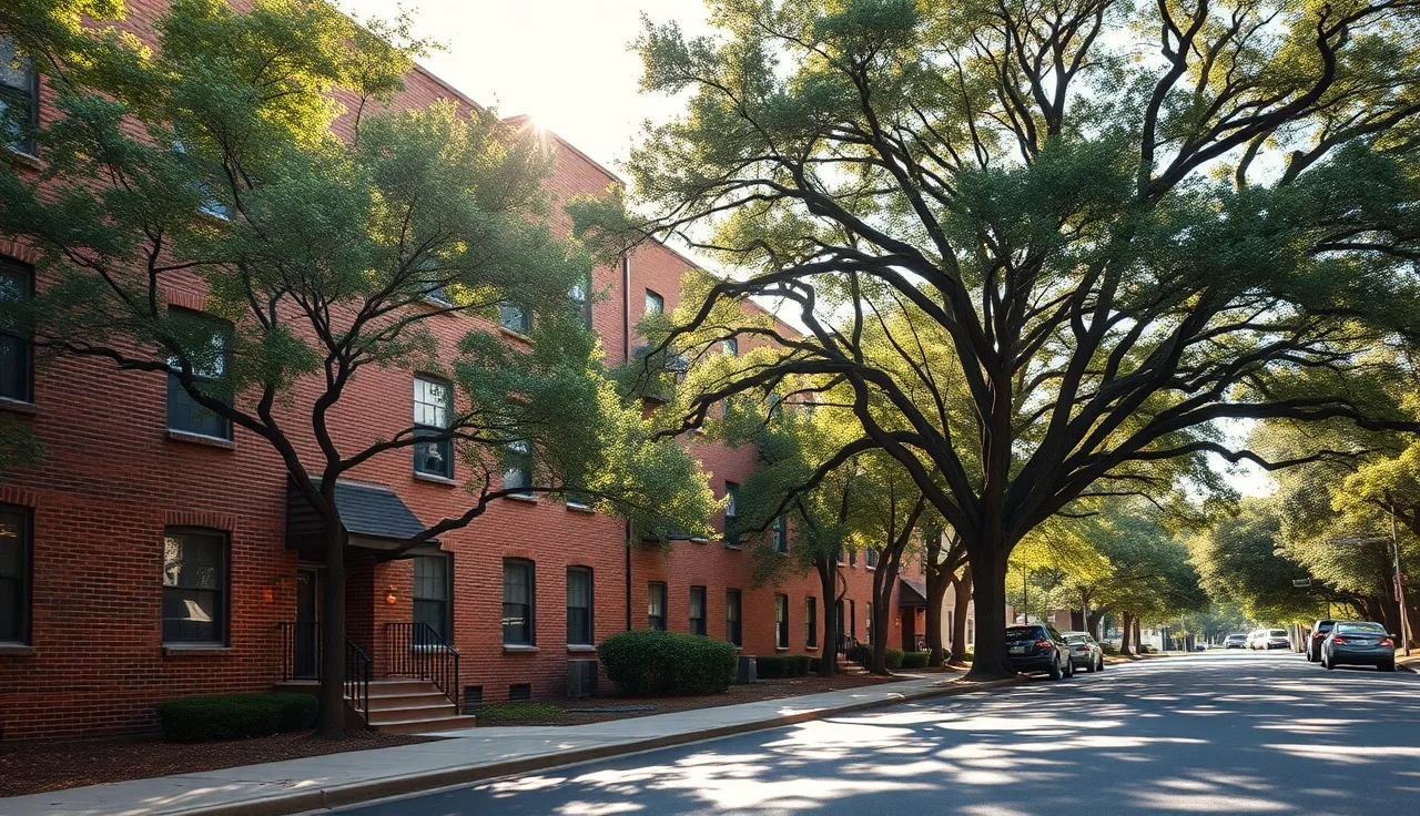 Brick apartment building in an Atlanta residential neighborhood on a sunny morning