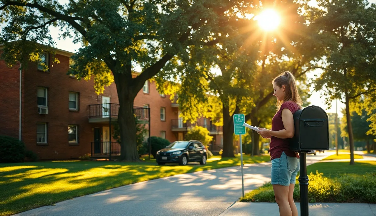 Woman reviewing housing documents outside a brick Atlanta apartment building