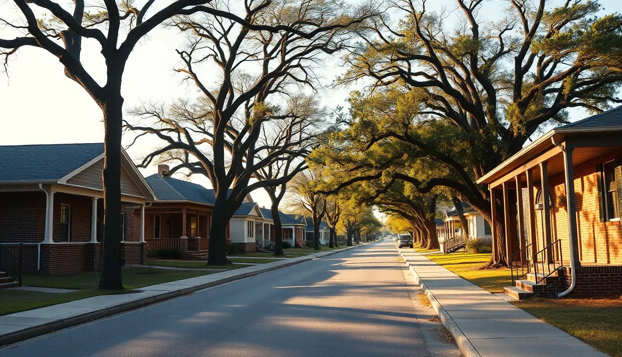 Residential street with brick homes and oak trees in Auburn Alabama