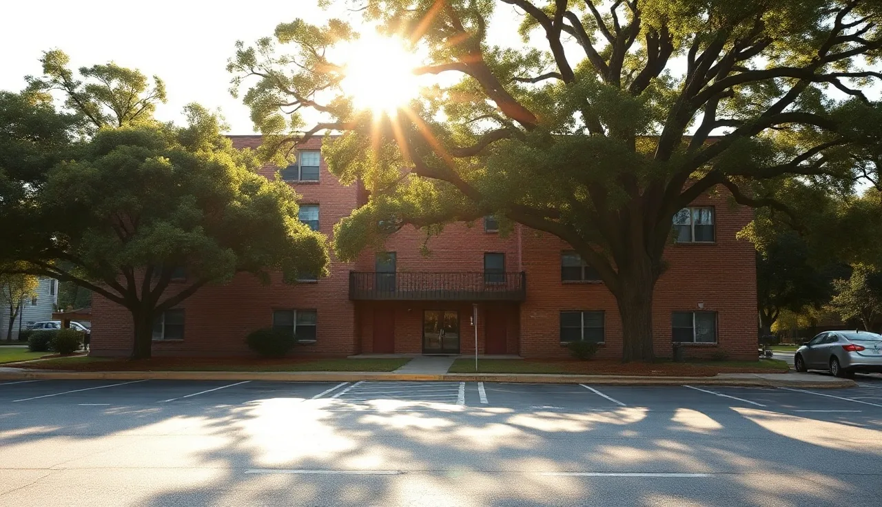 Brick apartment building in Augusta Georgia on a quiet residential street