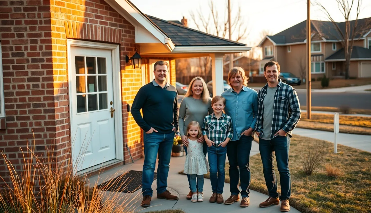 Family standing on porch of suburban Aurora Colorado home at golden hour