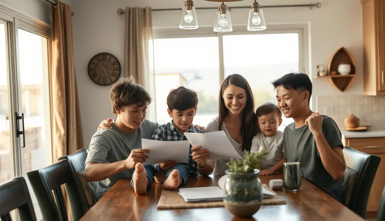 Family at kitchen table reviewing Arizona Section 8 housing paperwork in afternoon light