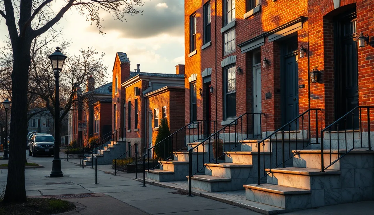 Baltimore brick rowhouses with marble steps on a residential street, afternoon light