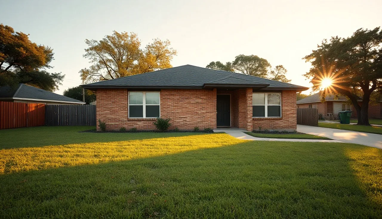 Single-story brick rental home on a Beaumont Texas residential street at dusk