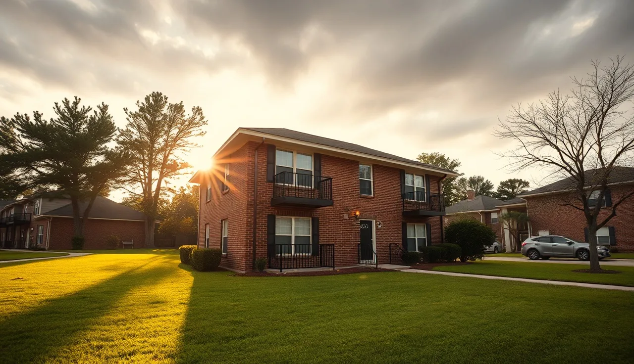 Brick apartment building in Bessemer Alabama neighborhood on a sunny afternoon