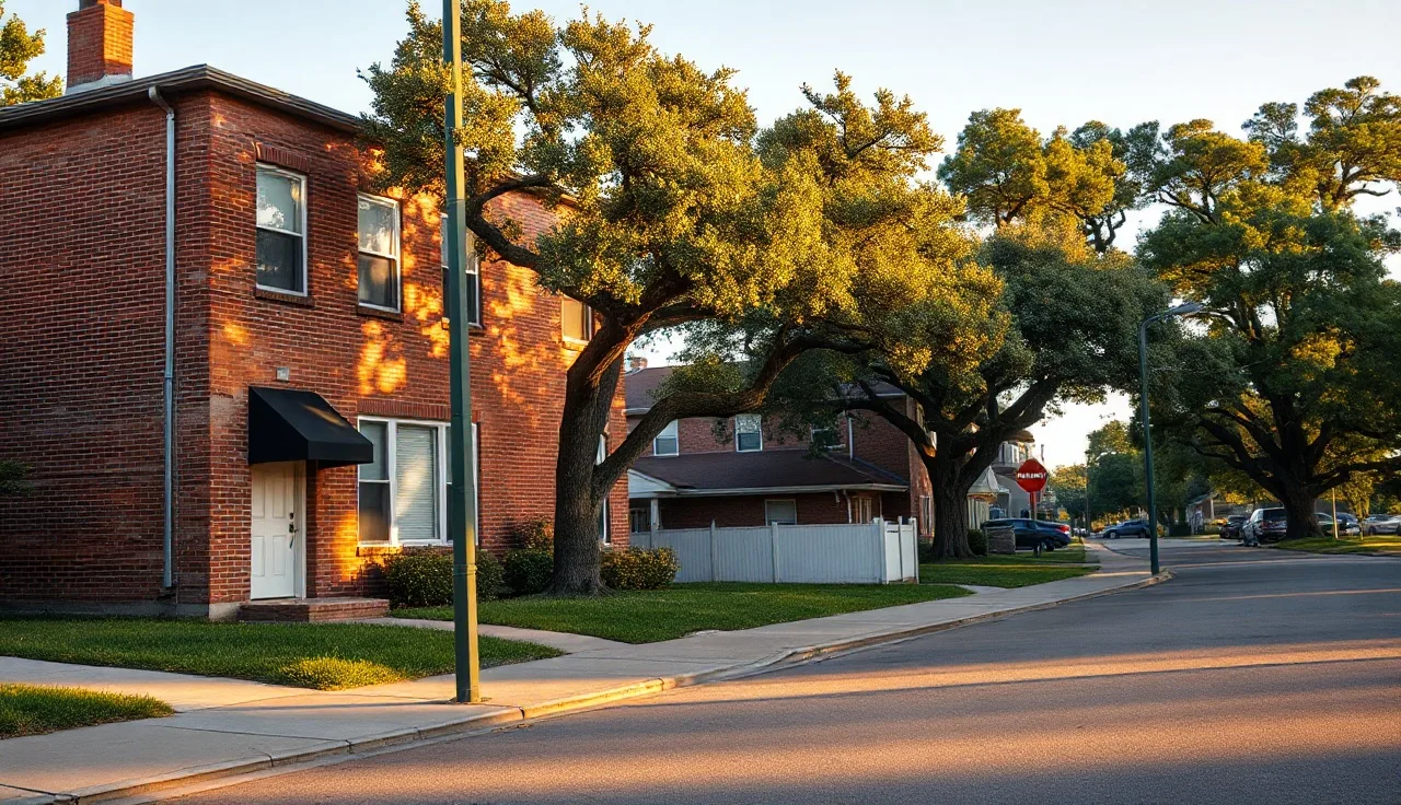 Two-story brick apartment building on a Birmingham residential street in afternoon light