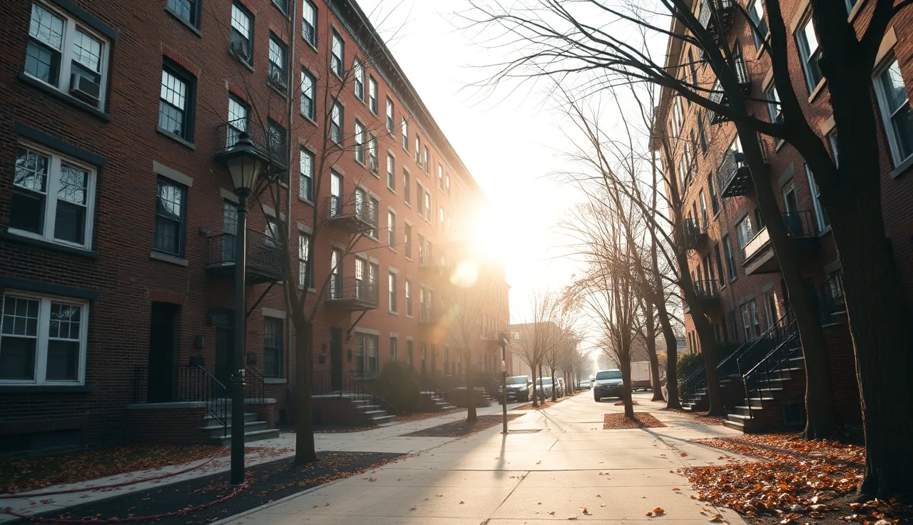 Red-brick Boston triple-decker apartment buildings on a quiet residential street in morning light