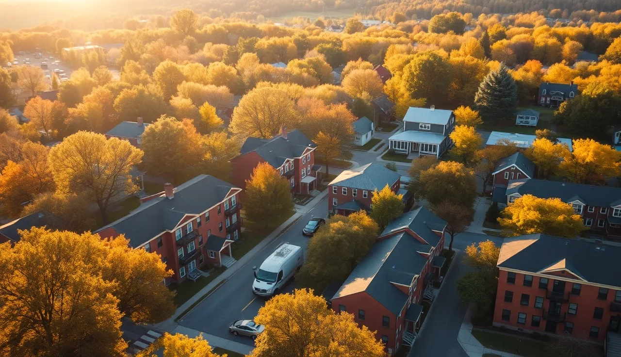 Aerial view of Burlington Vermont residential neighborhood with brick apartment buildings and maple trees