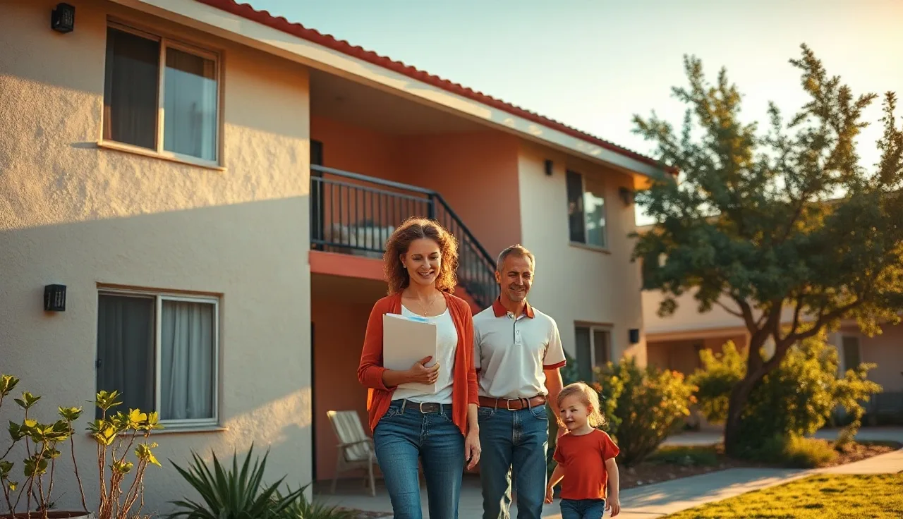A family outside a California apartment building holding housing documents on a sunny day