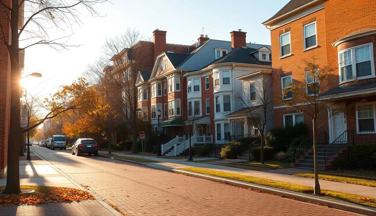 Brick triple-decker homes on a quiet Cambridge Massachusetts residential street in autumn