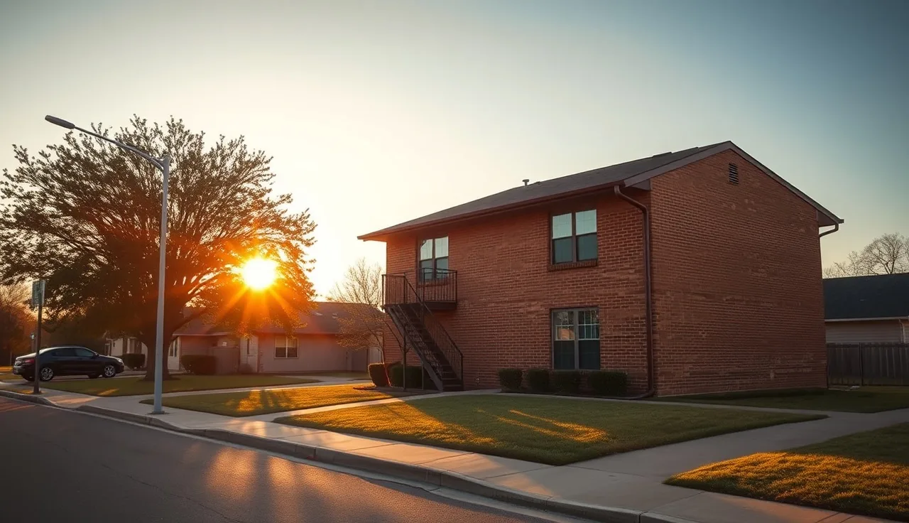 Brick apartment building on a Texas street in late afternoon light