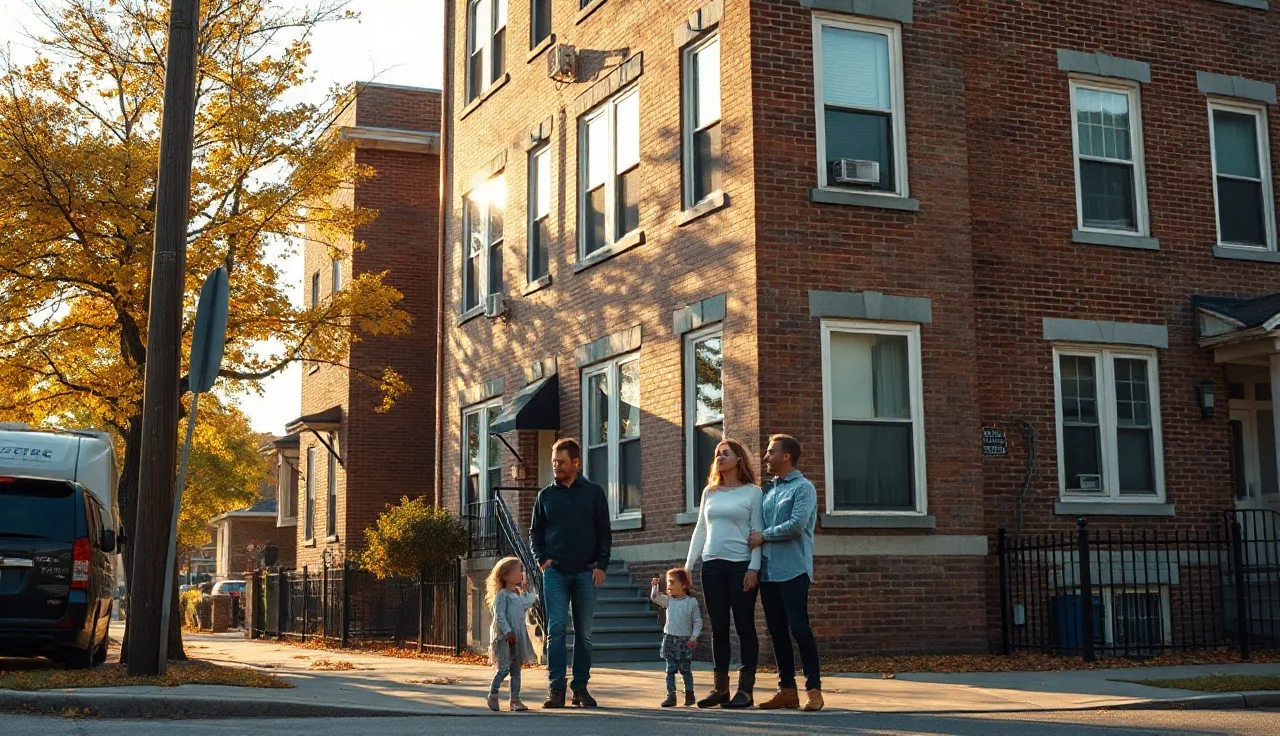 Family outside a Chicago brick apartment building on a residential street with housing voucher