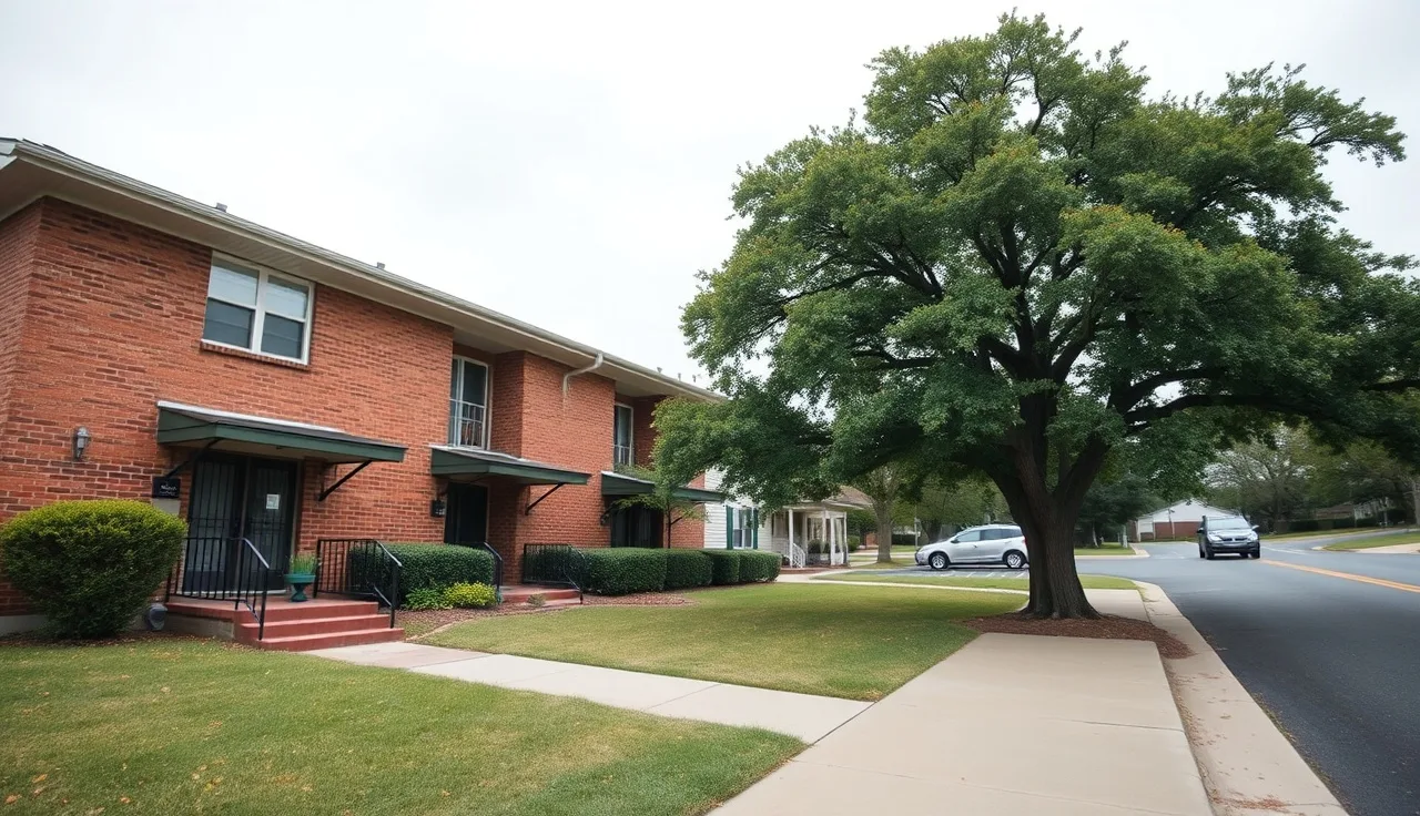 Brick apartment building in a Charlotte neighborhood with mature oak tree