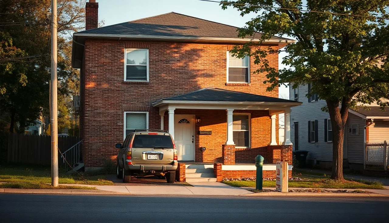 Two-story brick rental house on a Chattanooga residential street in afternoon light
