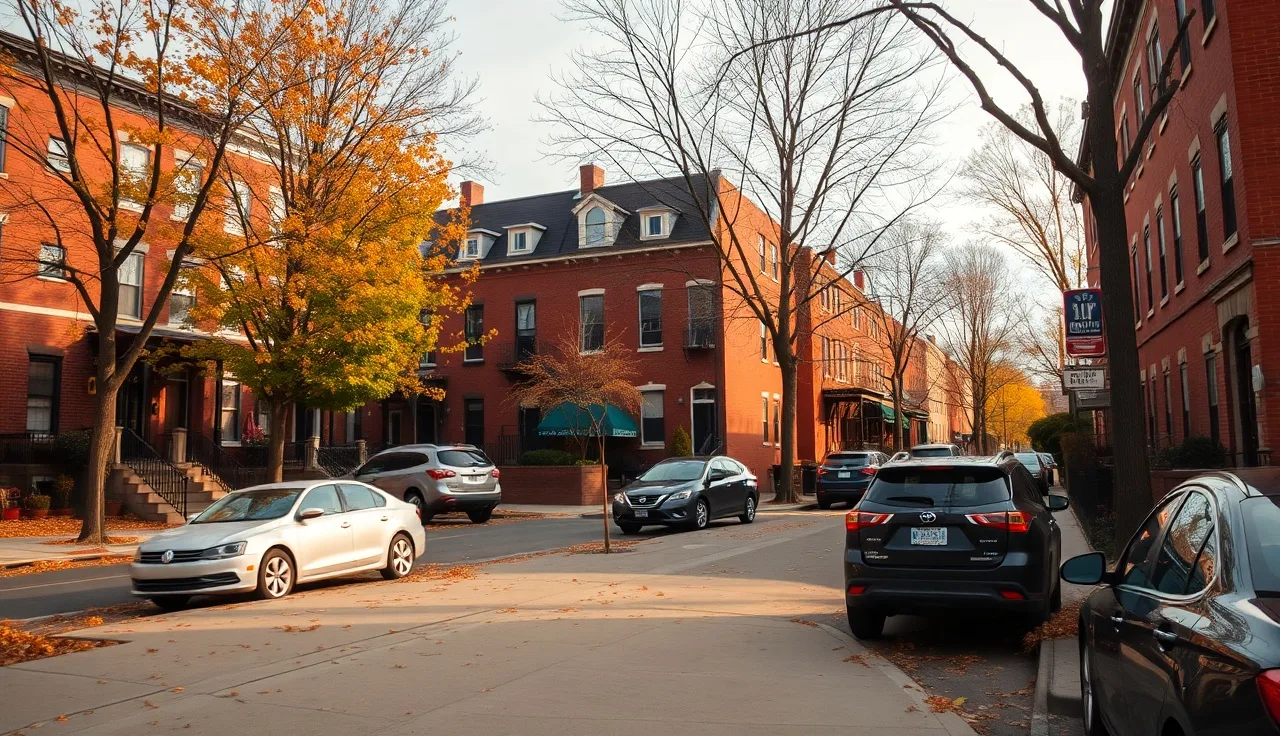Brick rowhouses on a quiet Buffalo NY residential street in autumn