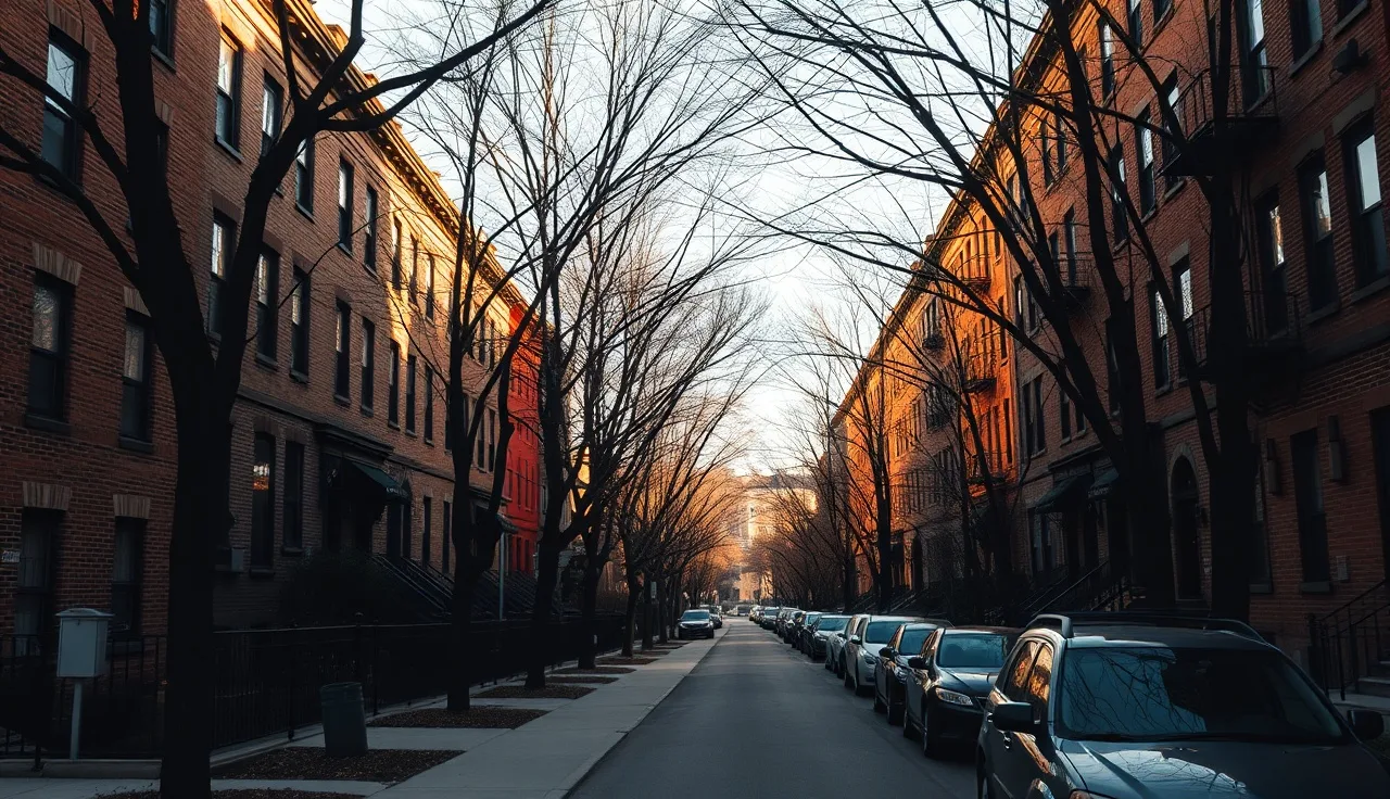 Chicago residential street with brick two-flat apartment buildings in afternoon light