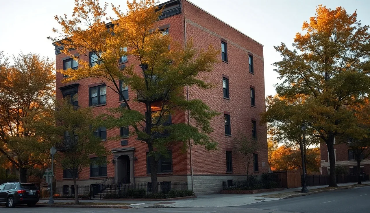Brick Chicago two-flat apartment building on a residential street in autumn afternoon light