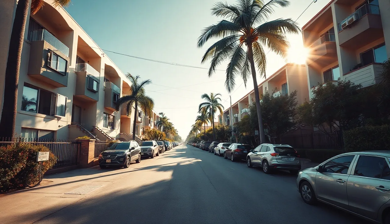 Sunny Los Angeles apartment street with palm trees and section 8 housing