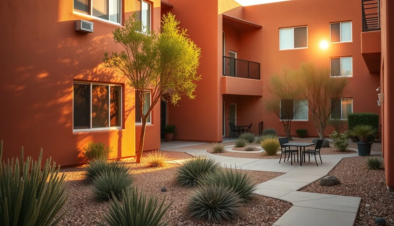 Phoenix apartment courtyard at golden hour with desert landscaping and terracotta walls