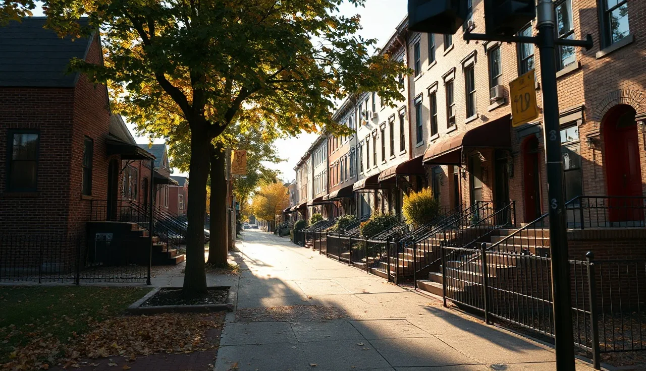 Brick rowhouses on a Pittsburgh residential street in autumn afternoon light