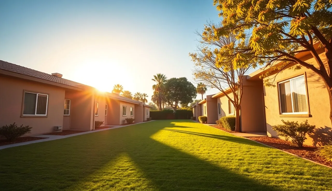 Sun-lit suburban apartment complex in Temecula California low income housing neighborhood