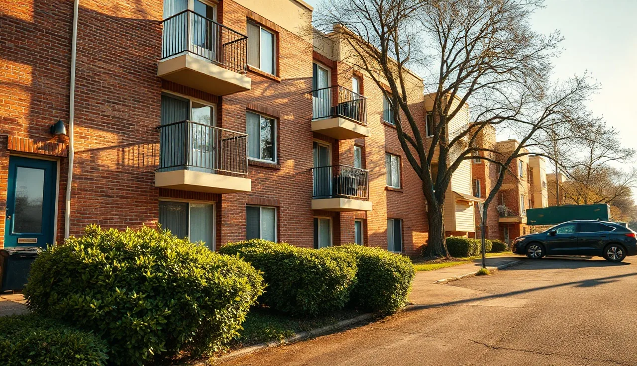 Brick apartment building exterior in Columbia South Carolina on a sunny morning