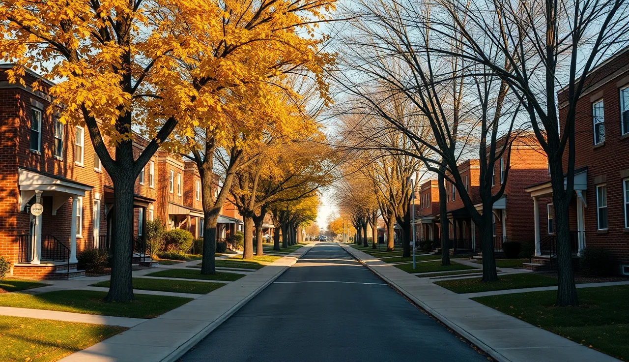 Columbus Ohio residential rental street with brick homes and autumn trees