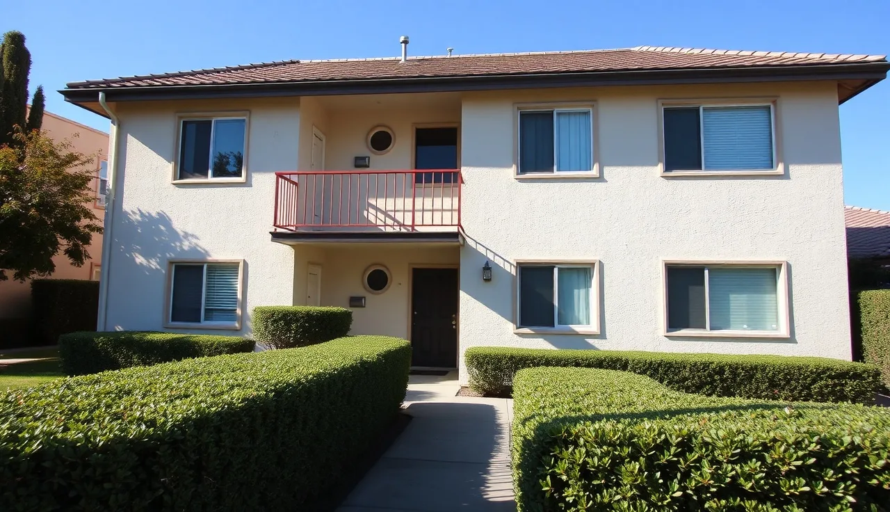 Suburban California apartment building on a clear morning, Contra Costa County housing