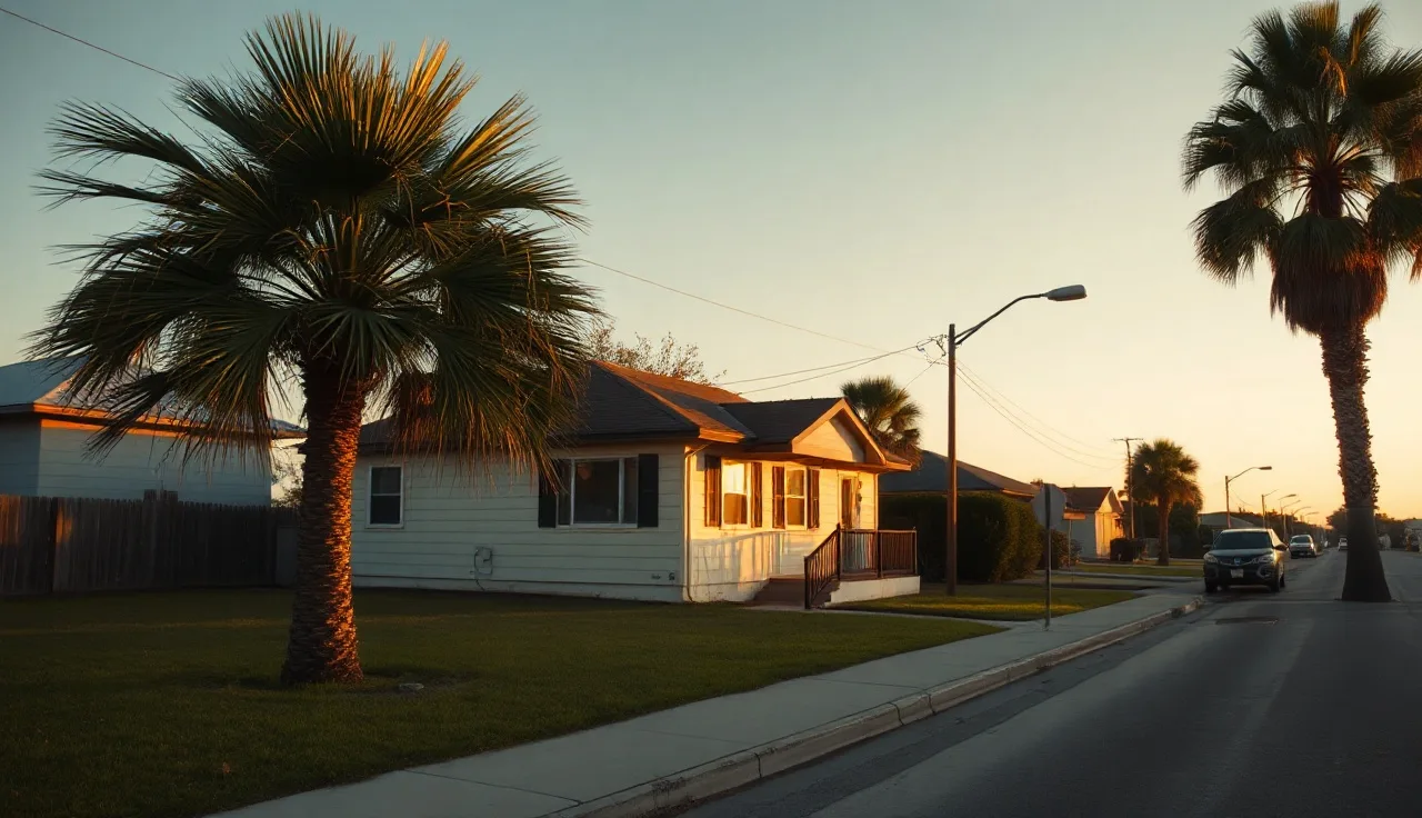 Exterior of a modest rental home on a Corpus Christi residential street at evening