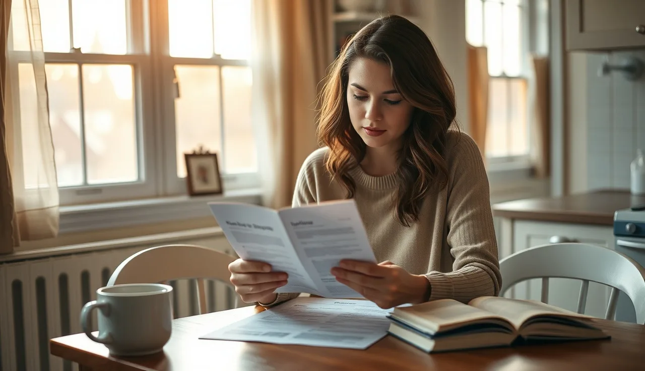 Woman reviewing housing documents at kitchen table in Connecticut apartment
