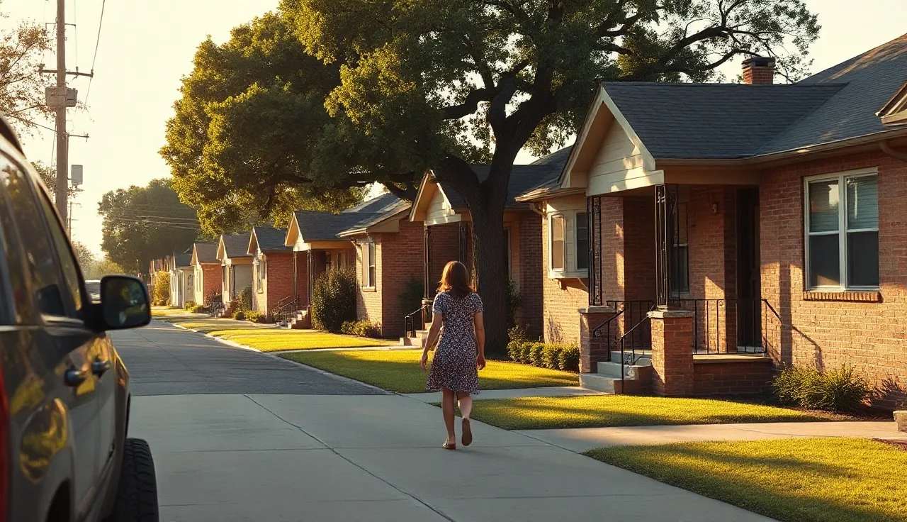 Residential street in Dallas with brick houses and woman approaching front porch