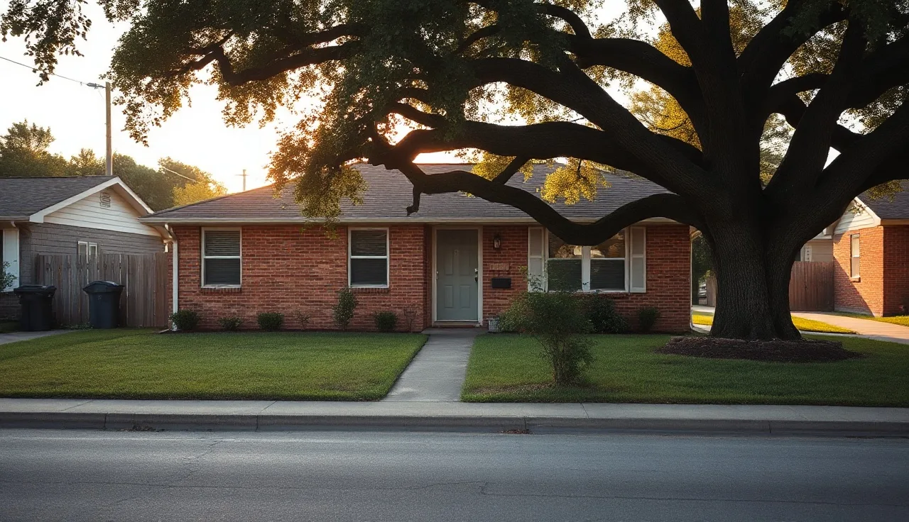 Modest brick house on a quiet Dallas street in afternoon light, housing voucher rental