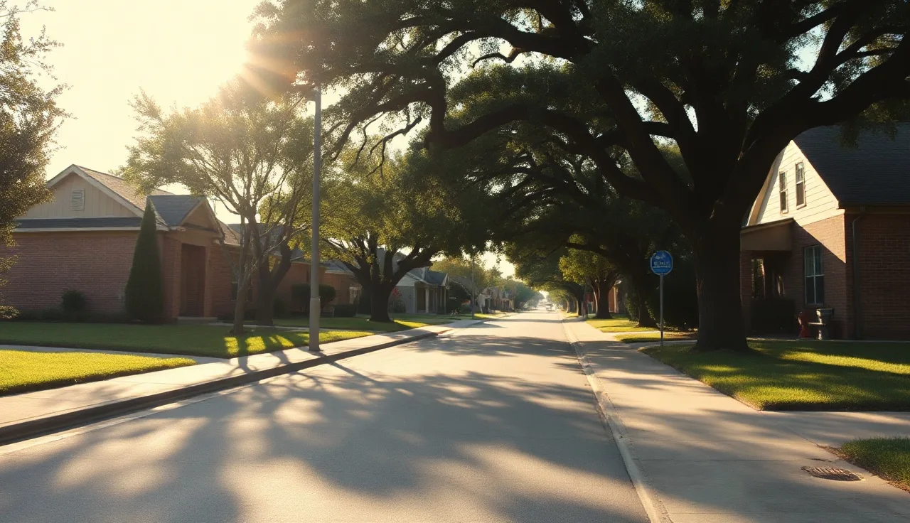 Quiet Dallas residential street with brick homes and oak tree shadows